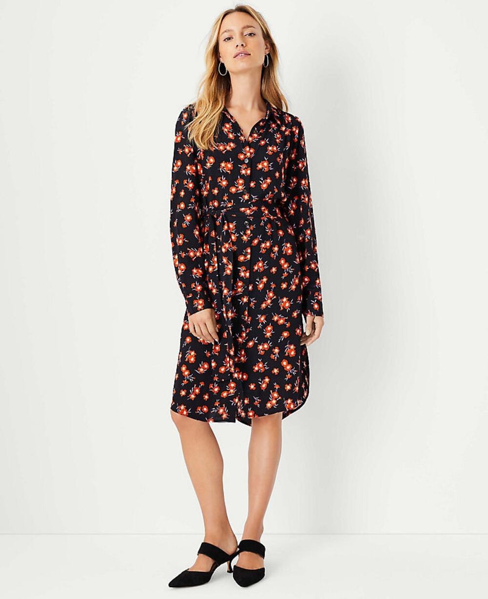Ann Taylor Floral Button Up Shirt Dress Size S Small Black Multi